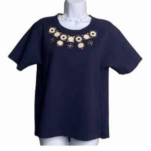J.Crew Navy Blue White Embellished Top